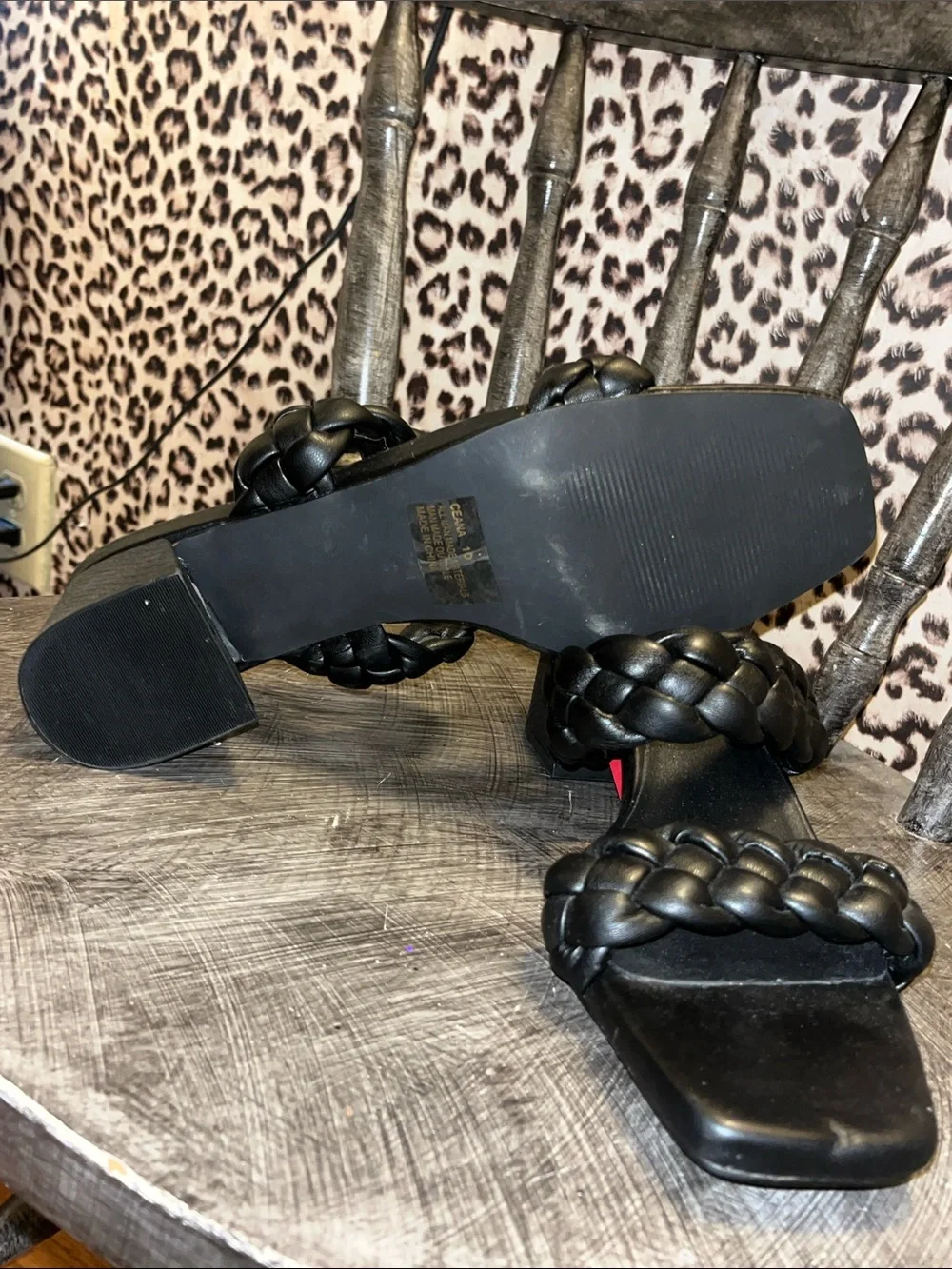 Black Braided Strap Block Heel Sandals